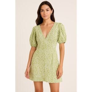 Faithfull the Brand Green White Floral Puff Sleeve Minidress size 2